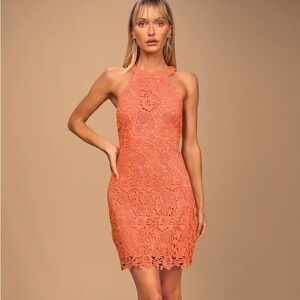 Lulus coral halter lace Love Poem Dress Medium NWT